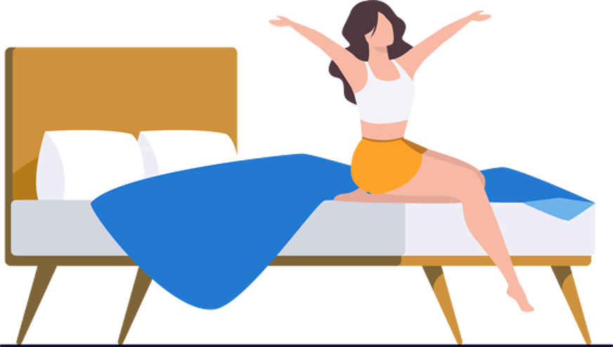 ilustração de uma pessoa a acordar, feliz, em sua cama